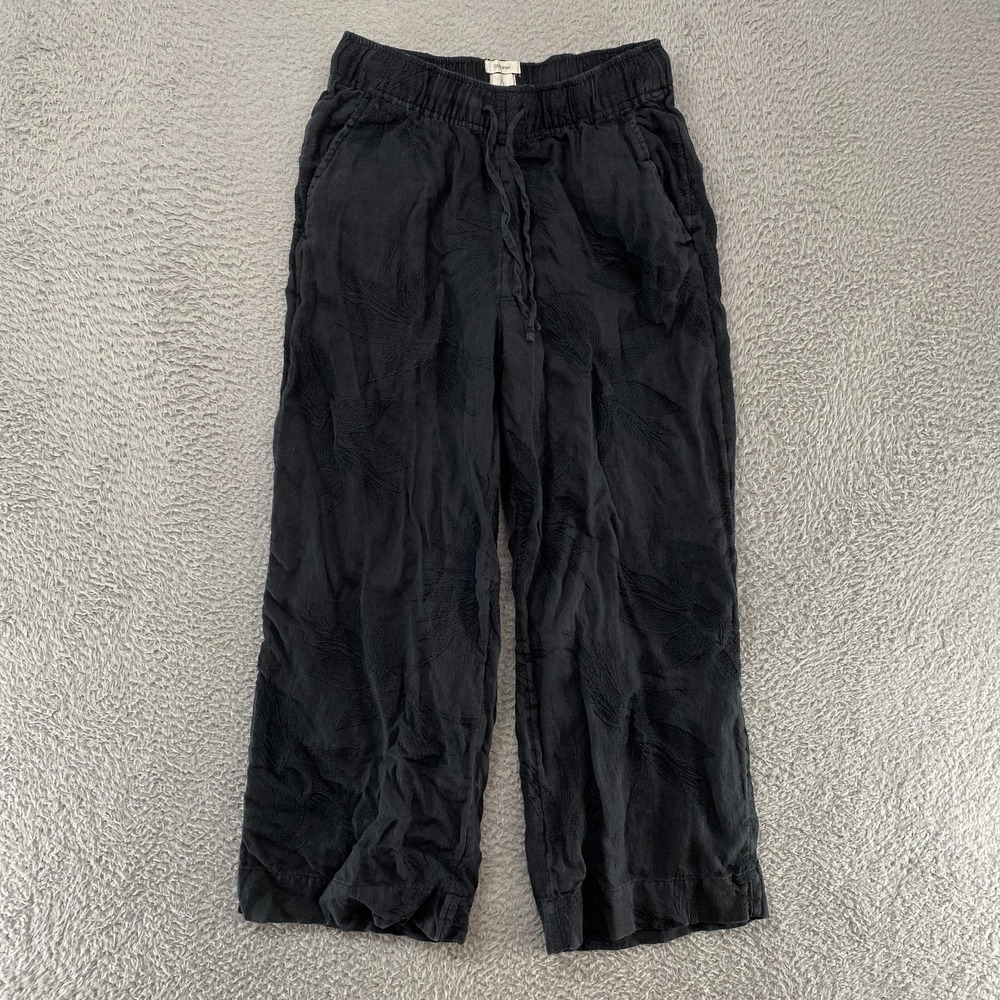 Joie Linen Pants Womens Medium Black Embroidered Floral Ankle Resort Pull On